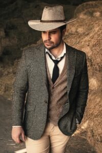 Fashionable man in a cowboy hat and jacket posed against hay bales, showing rustic style.